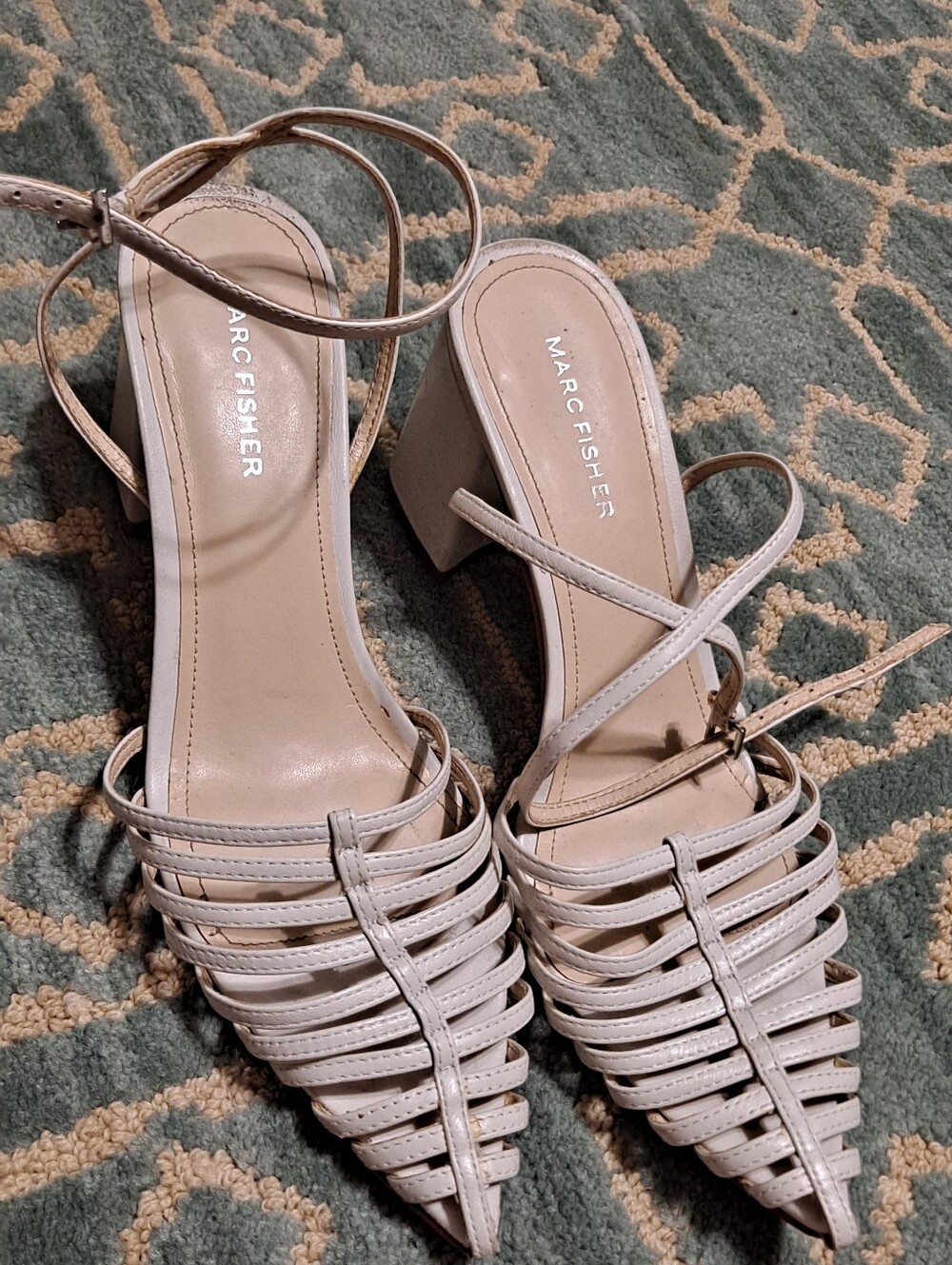 Marc Fisher White Strappy Pointed Block Heel Sandals